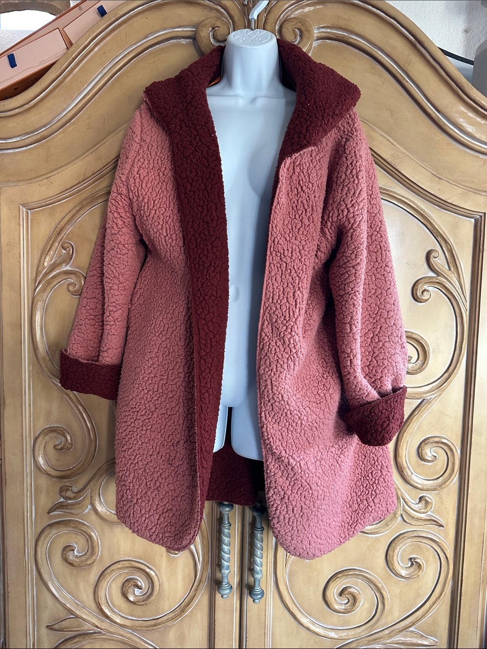 Two-Tone Teddy Jacket in Rose Pink & Burgundy